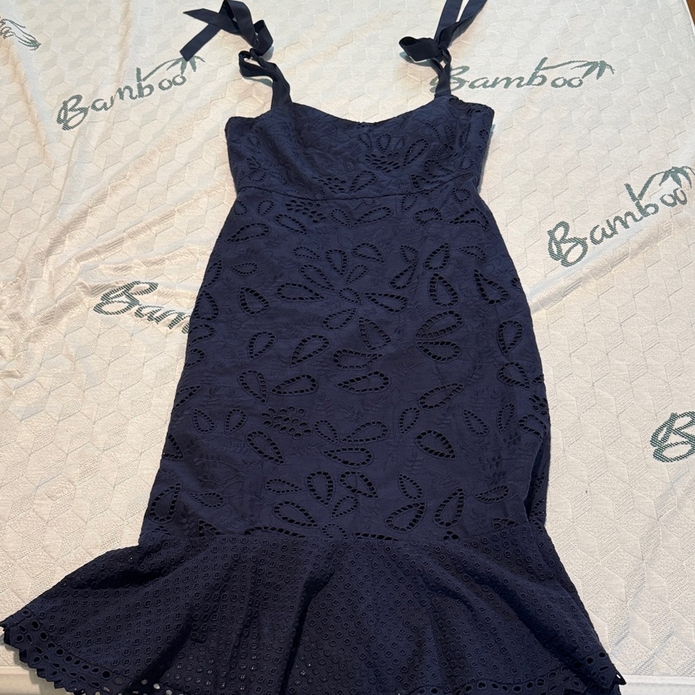 Saloni Elegant Navy Blue Eyelet Dress